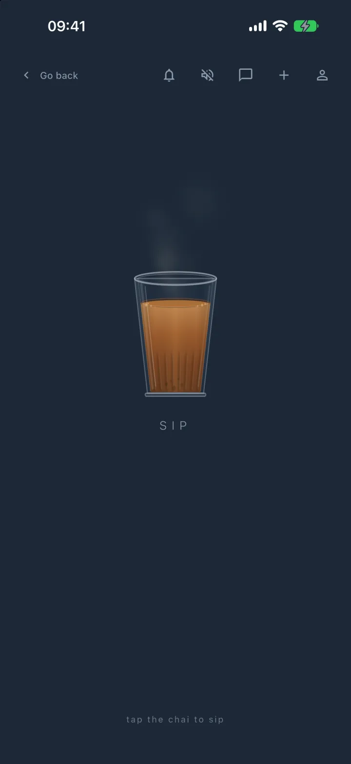 Corp Sesh break screen showing a steaming glass of chai