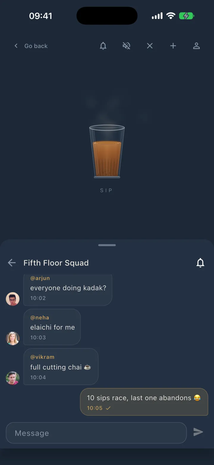 Corp Sesh group conversation during an active chai break