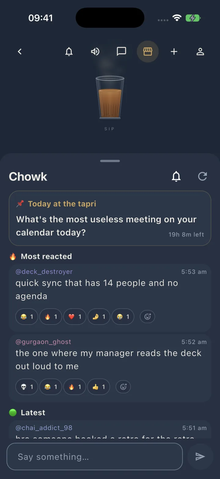 Corp Sesh Chowk feed on iPhone showing the daily prompt, most reacted responses, and latest takes