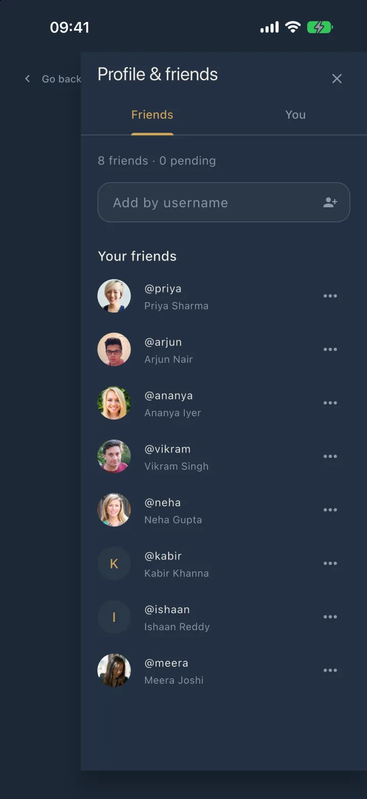 Corp Sesh friends and profile screen