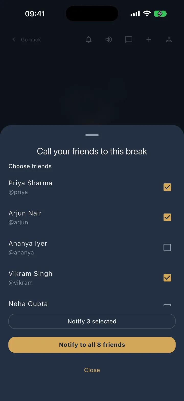 Corp Sesh screen for summoning friends to a break